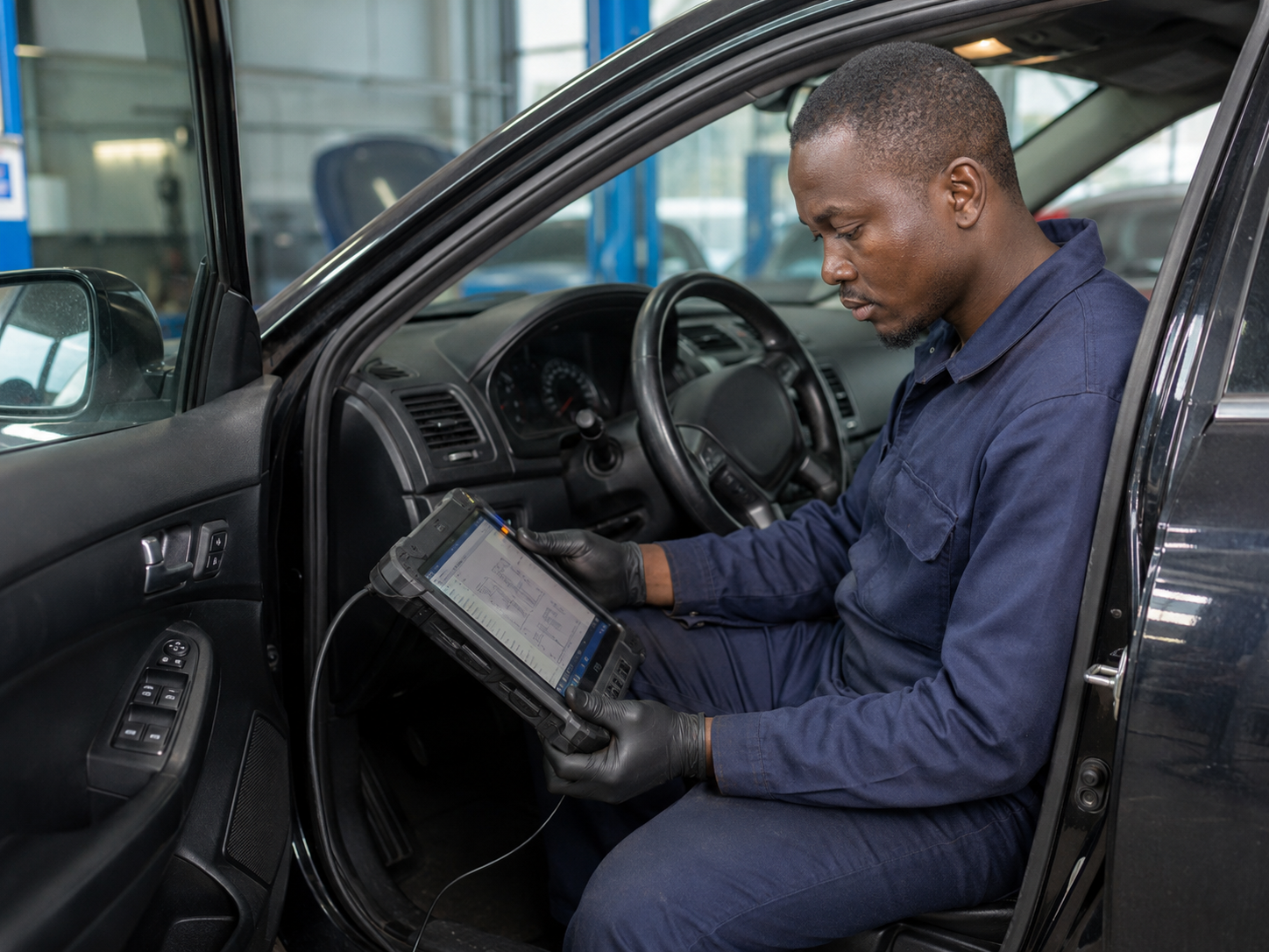 Technician carrying out accurate computerised vehicle diagnosis before repair