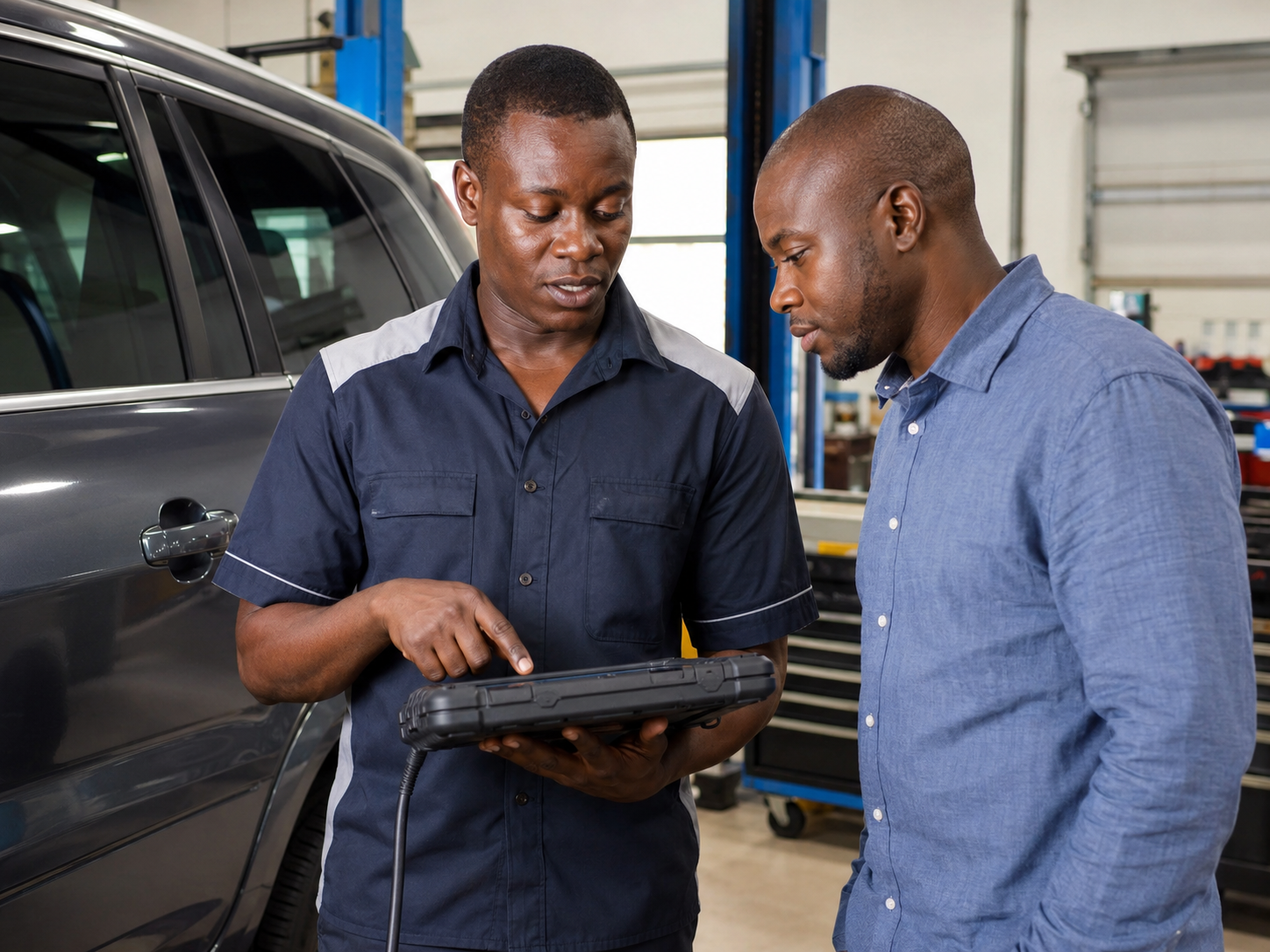 Technician explaining diagnostic results to customer beside vehicle