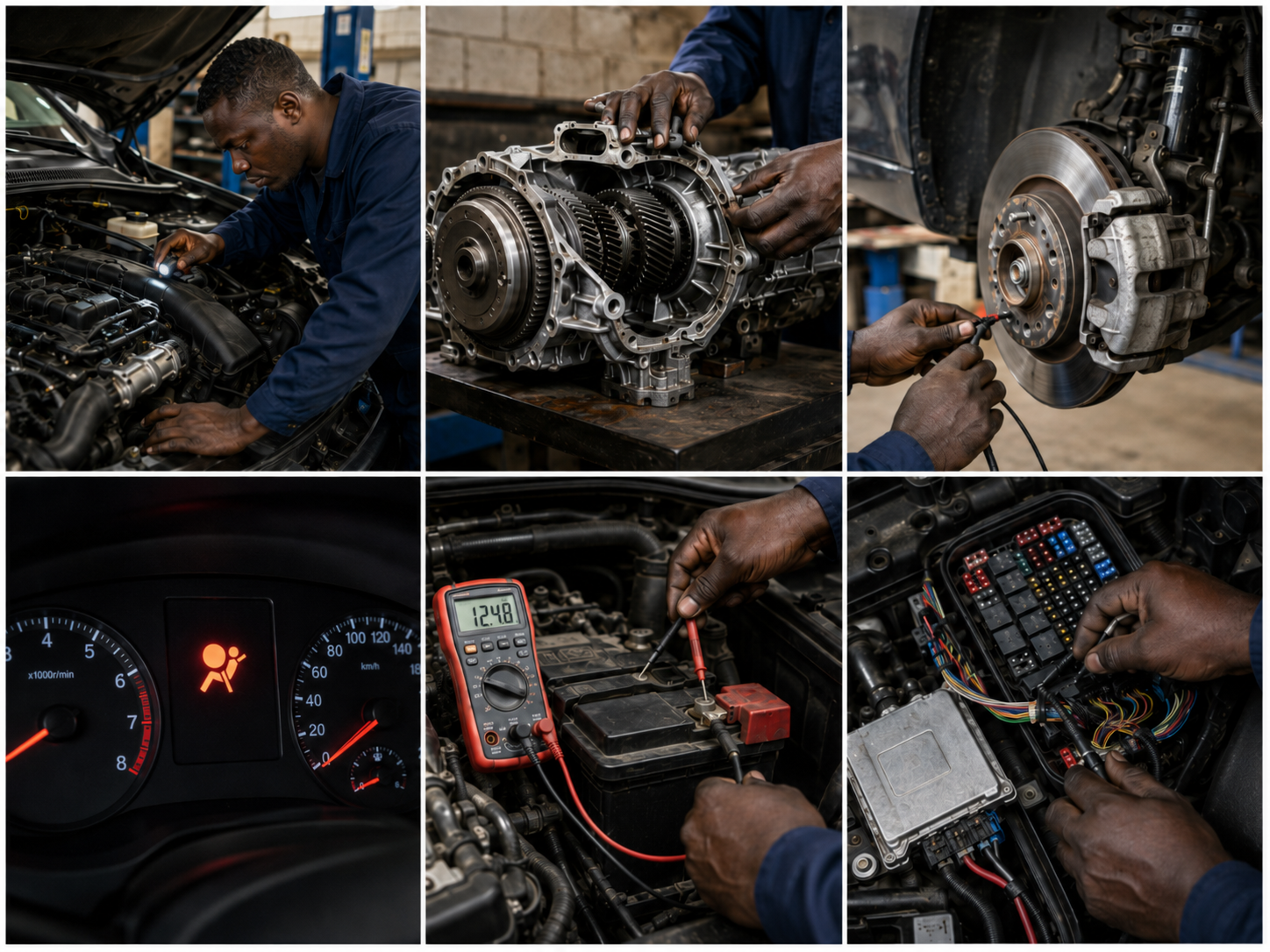 Vehicle diagnostic checks covering engine transmission ABS airbag battery electrical and ECU systems