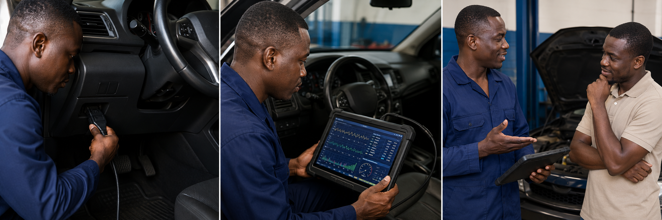 Three step vehicle diagnostic process from scanning to live data and explanation
