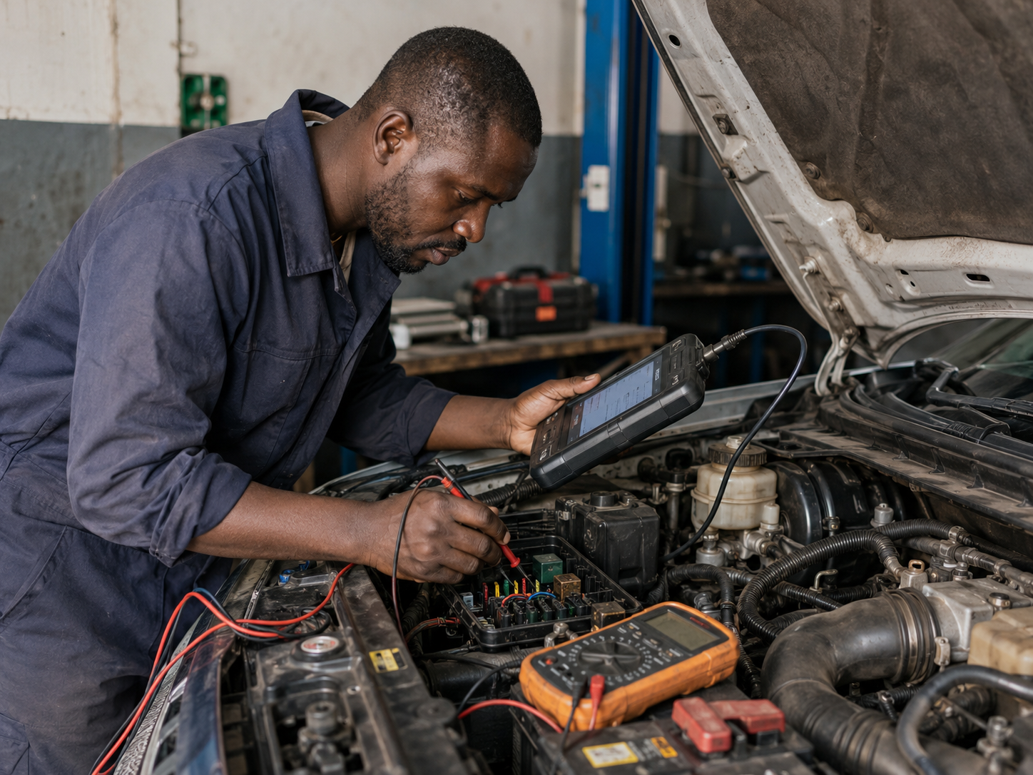 Technician using diagnostic scanner and testing tools to find root cause of vehicle fault