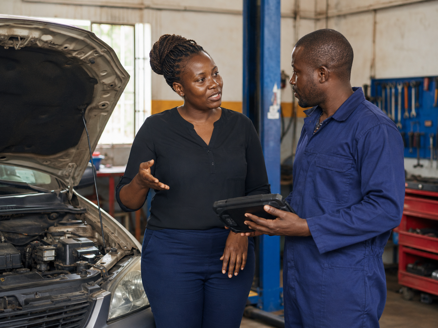 Customer explaining vehicle problem to technician before diagnosis