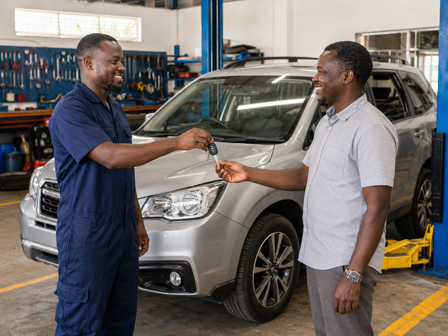 Technician handing vehicle keys to customer after successful mechanical repair