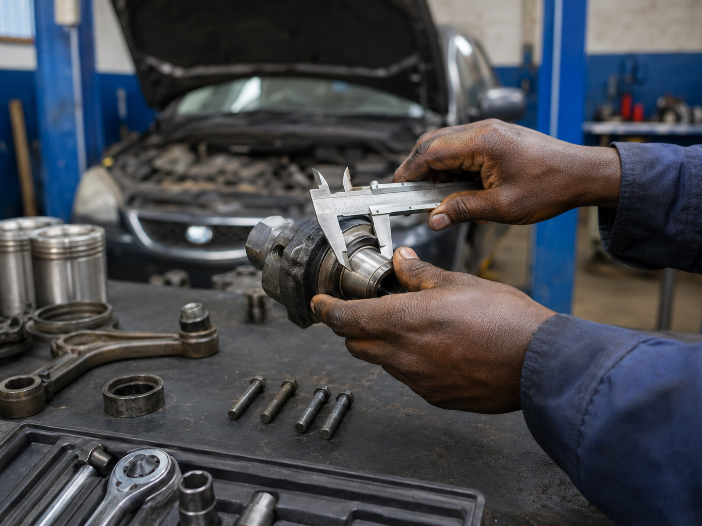 Technician measuring a mechanical component before repair