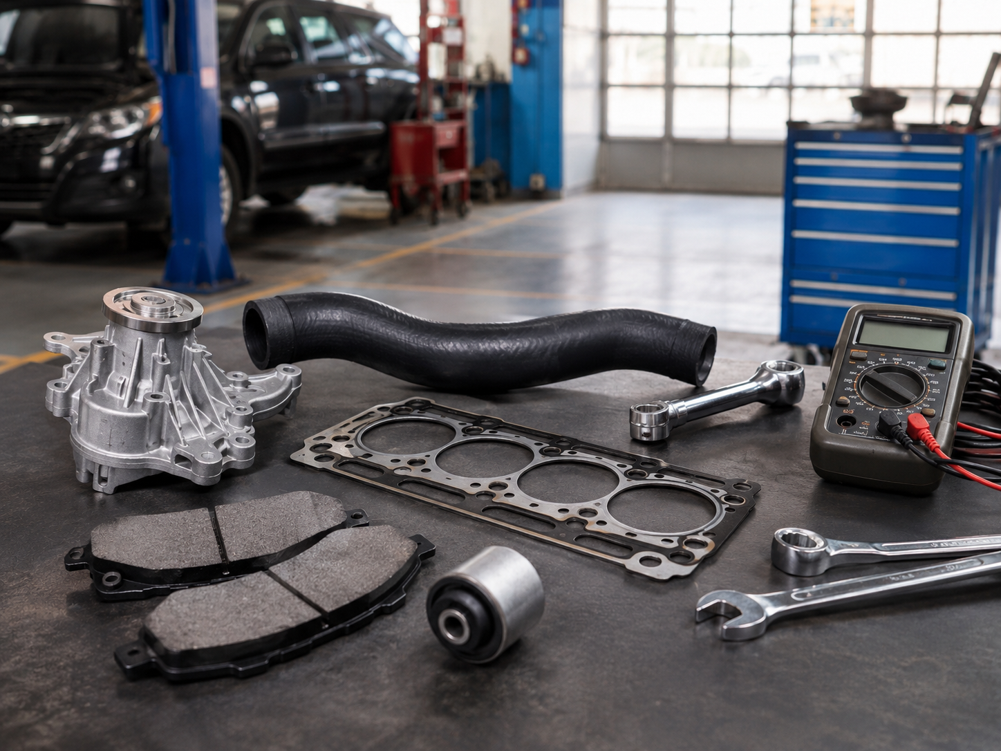 Reliable mechanical replacement parts arranged on a clean workshop bench