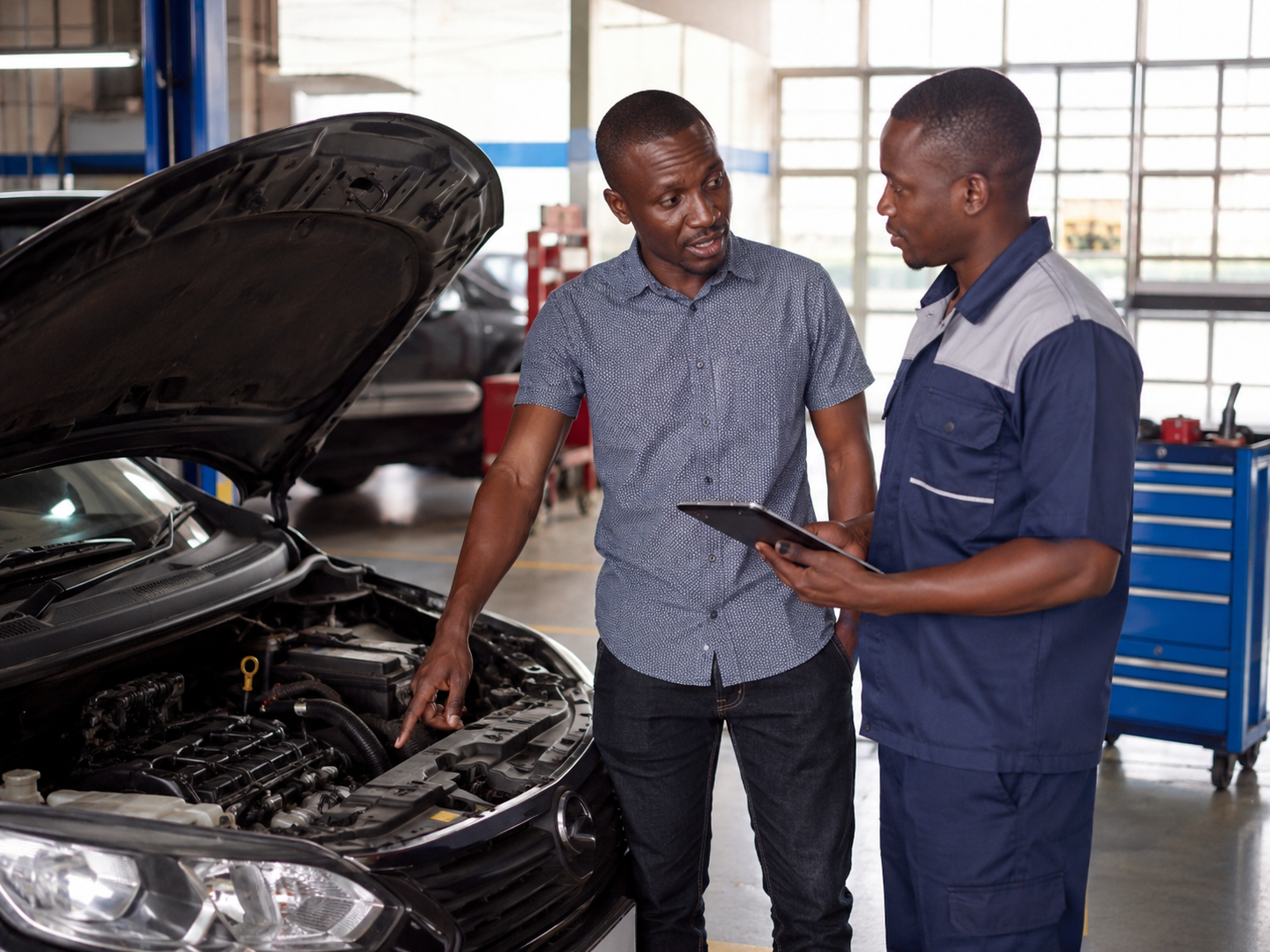Customer explaining a vehicle problem before mechanical inspection