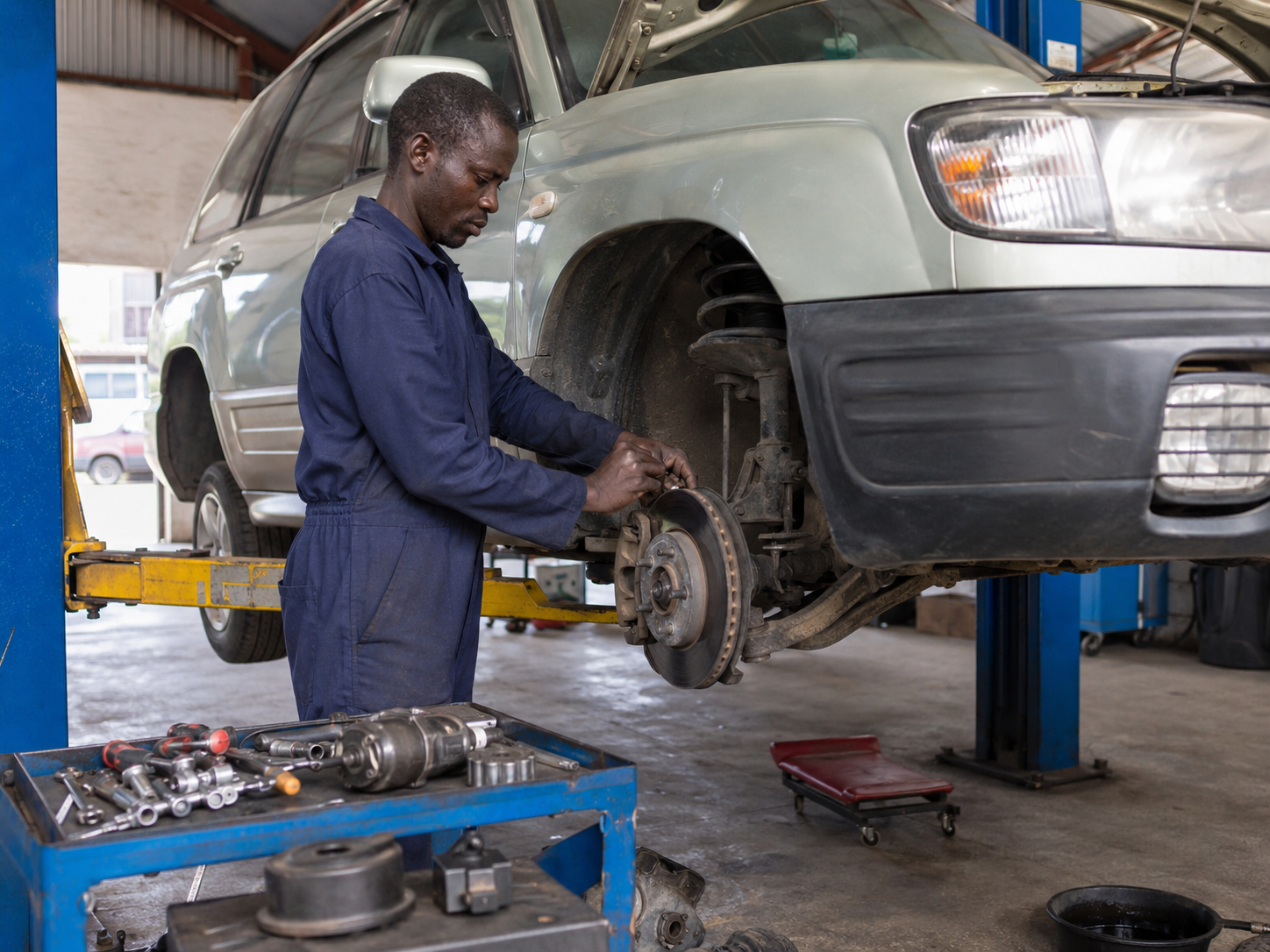 Common Ugandan-market vehicle being repaired in a practical workshop