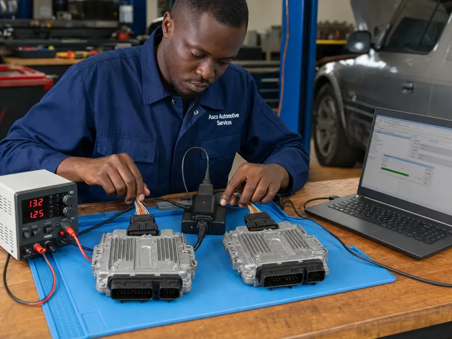 Asco Automotive Services technician cloning and programming a vehicle ECU.
