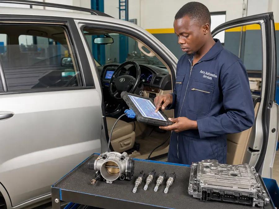 Asco Automotive Services technician performing engine and transmission adaptations.