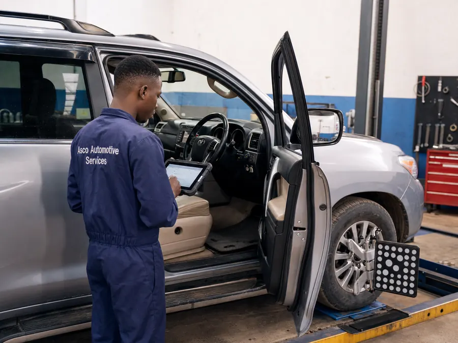 Asco Automotive Services technician carrying out vehicle sensor calibration.