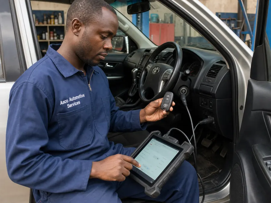 Automotive key programming equipment beside a vehicle key