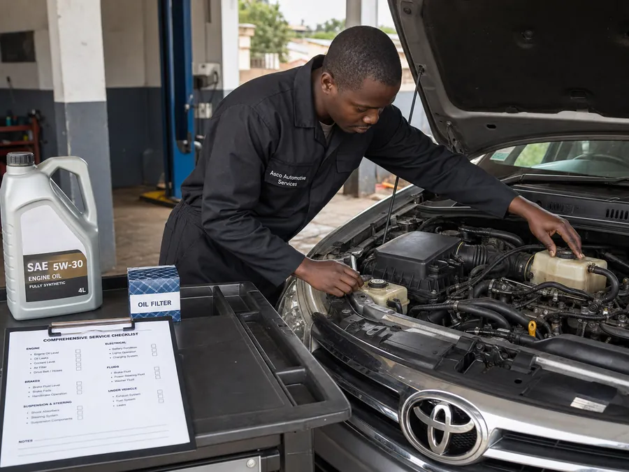 Asco technician carrying out oil service and a wider vehicle inspection