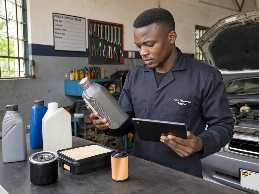 Asco technician selecting suitable oil, filters and vehicle service fluids