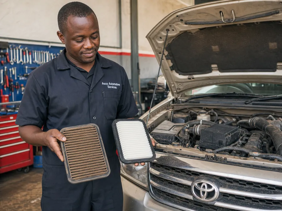 Asco technician comparing a used air filter with a clean replacement
