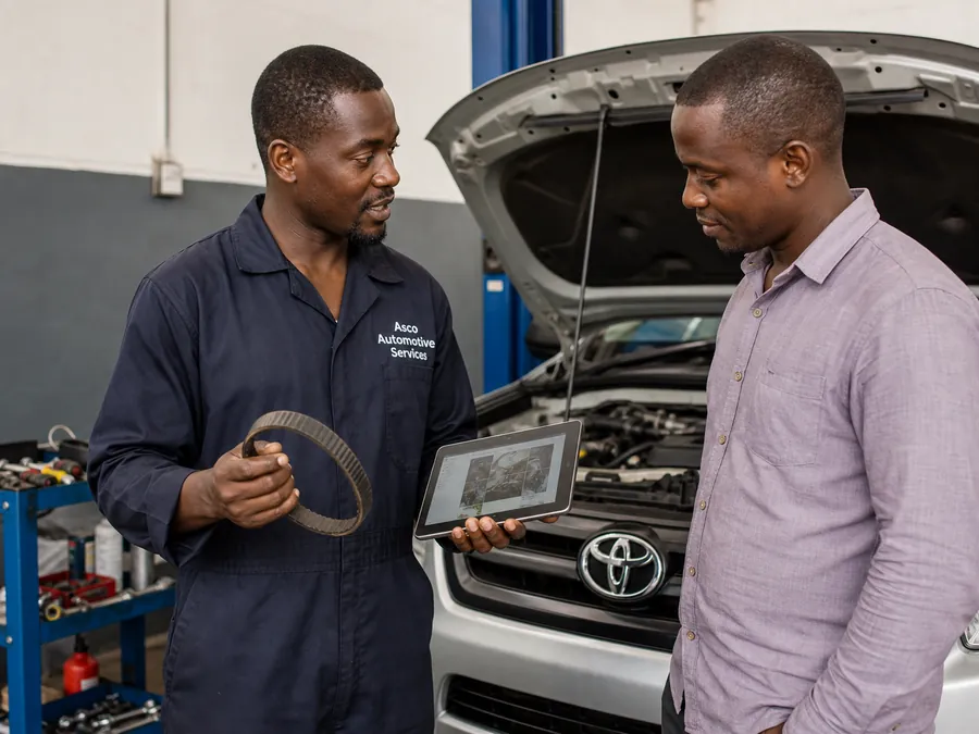 Asco technician explaining vehicle service findings to a customer