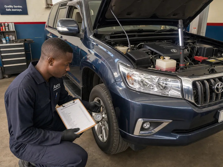 Asco technician performing a structured multi-point vehicle service inspection