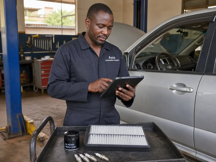 Asco technician reviewing a vehicle's mileage and maintenance requirements